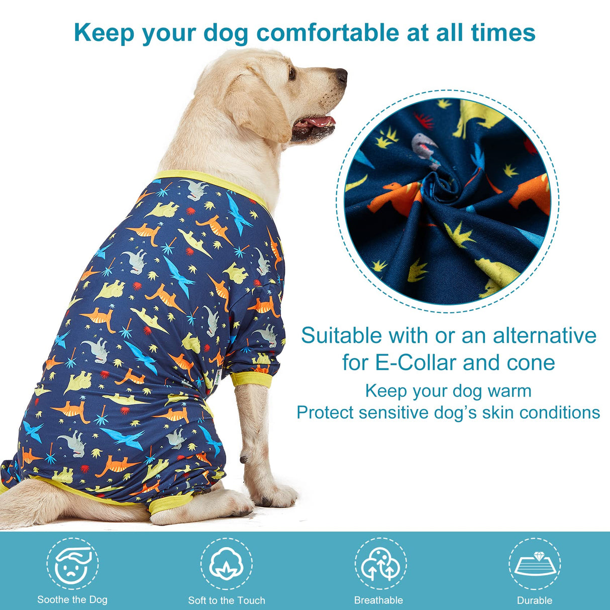 LovinPet Big Dog Pajamas for Large Dogs/Prehistoric Adventure Dinosaur Navy Print/Lightweight Stretchy Knit Pullover Dog Clothes/Large Dog Onesie, Pet Pajamas for Dogs, Pet PJ's/XXL