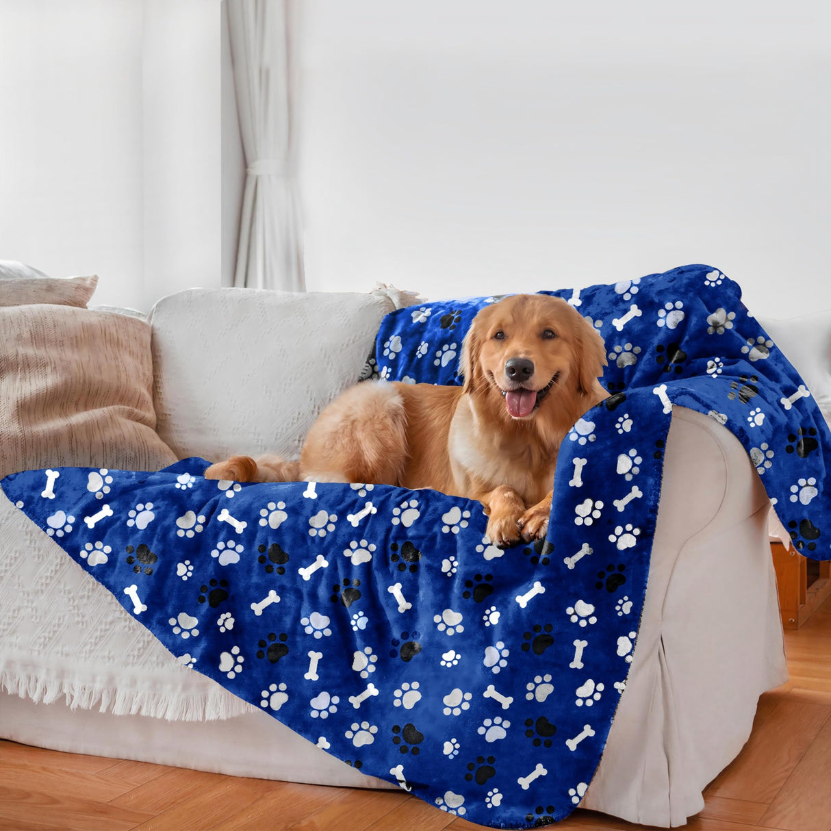 AIWEK Waterproof Dog Blanket, Pattern Printing Super Soft Warm Fluffy Facecloth Sofa Car Bed Protector, Urine Proof Washable Outdoor Pet Blanket for Puppy Large Dogs & Cats(paw & Bone60*50) Blue
