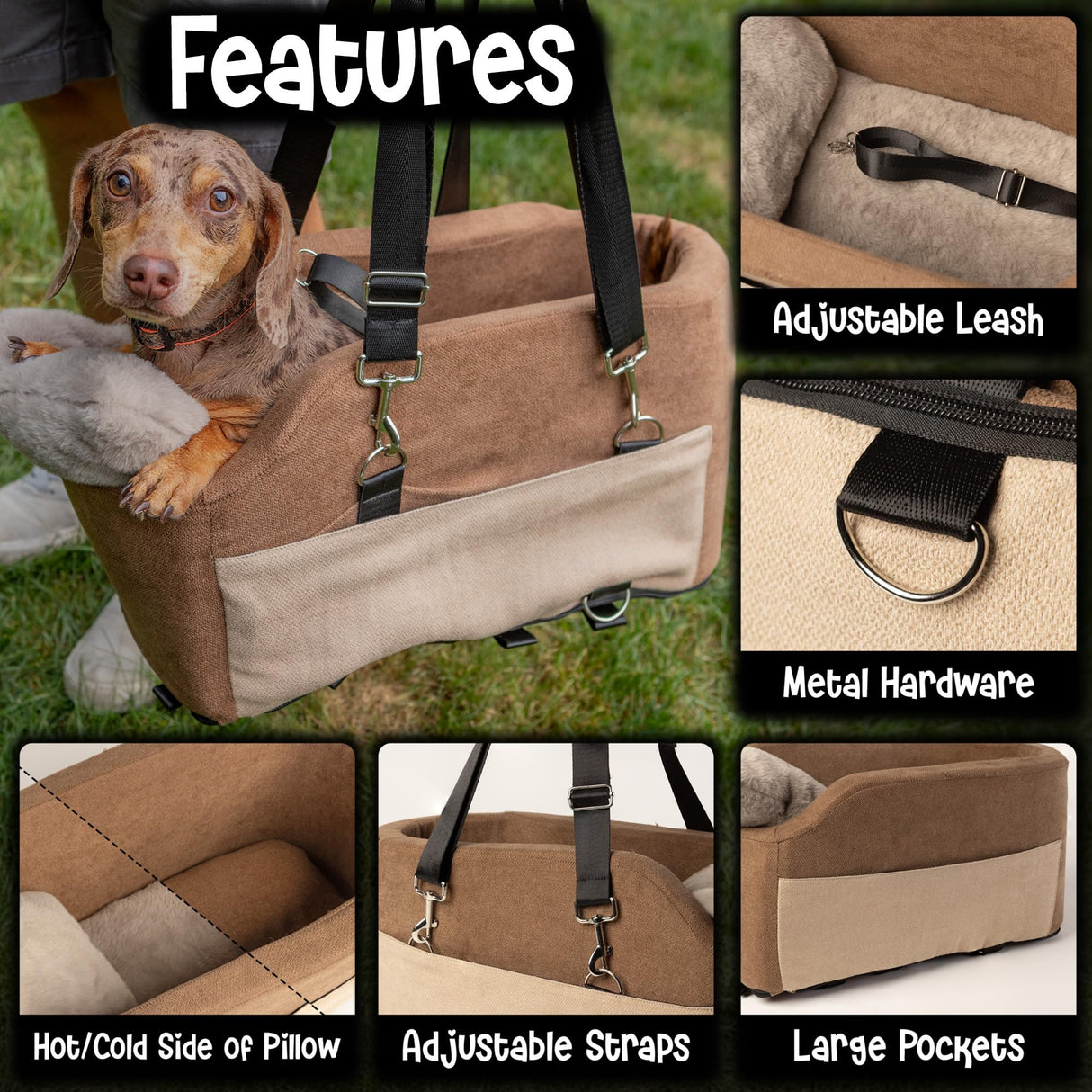 Center Console Dog Car Seat | 11 lbs MAX | Safety Straps & Leash | Comfortable Foam and Plush Pillows | Adjustable Mount Design | Large Storage Pockets | Perfect for Small Pets & Cats (Brown)