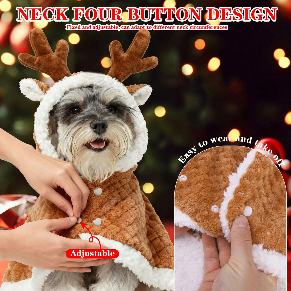 EXPAWLORER Dog Christmas Costume Winter Coat with Hat, Fleece Warm Elk Pet Cloak Cape Blanket with Antlers for Cold Weather, Thicken Dog Sweater Jacket Clothes for Small Medium Large Dogs Cats BrownXL