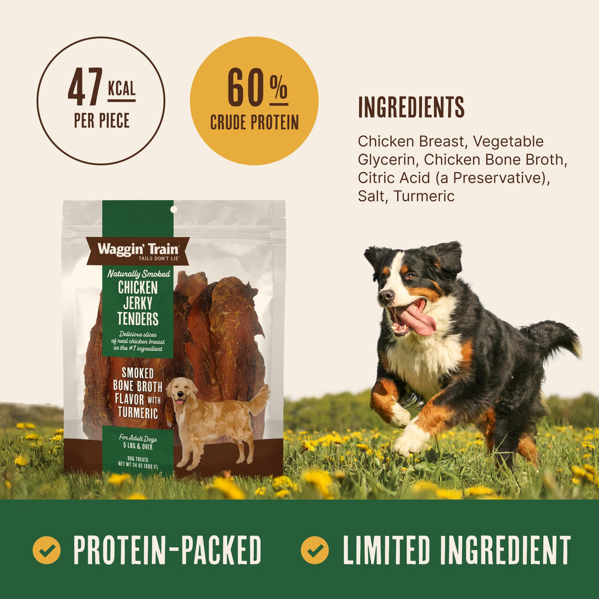 Waggin' Train Smoked Chicken Jerky Tenders for Dogs with Turmeric and Human Grade Bone Broth, Grain and Corn Free, High Protein, Premium Limited Ingredient 100% Real Chicken Dog Treats, 24 oz. Pouch