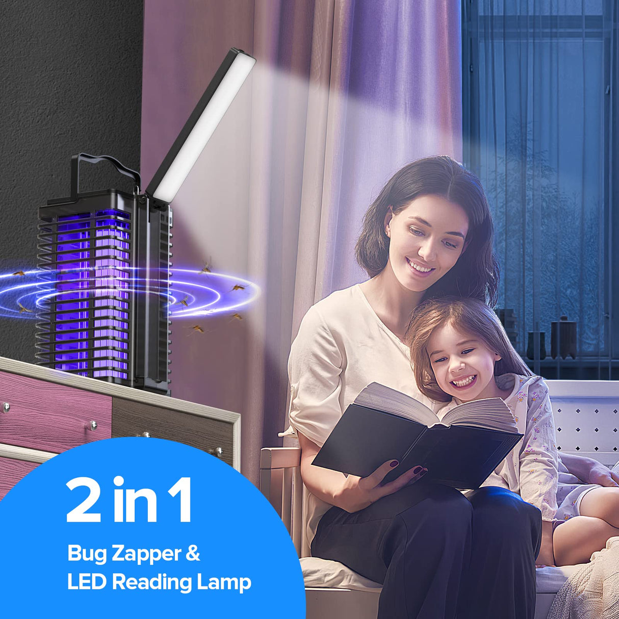Bug Zapper Outdoor Indoor, Solar Mosquito Zapper with Reading Lamp, Cordless & Rechargeable Electric Insect Fly Zapper with 4200V High Powered UV Light, 2 in 1 Mosquito Killer for Home Backyard Patio
