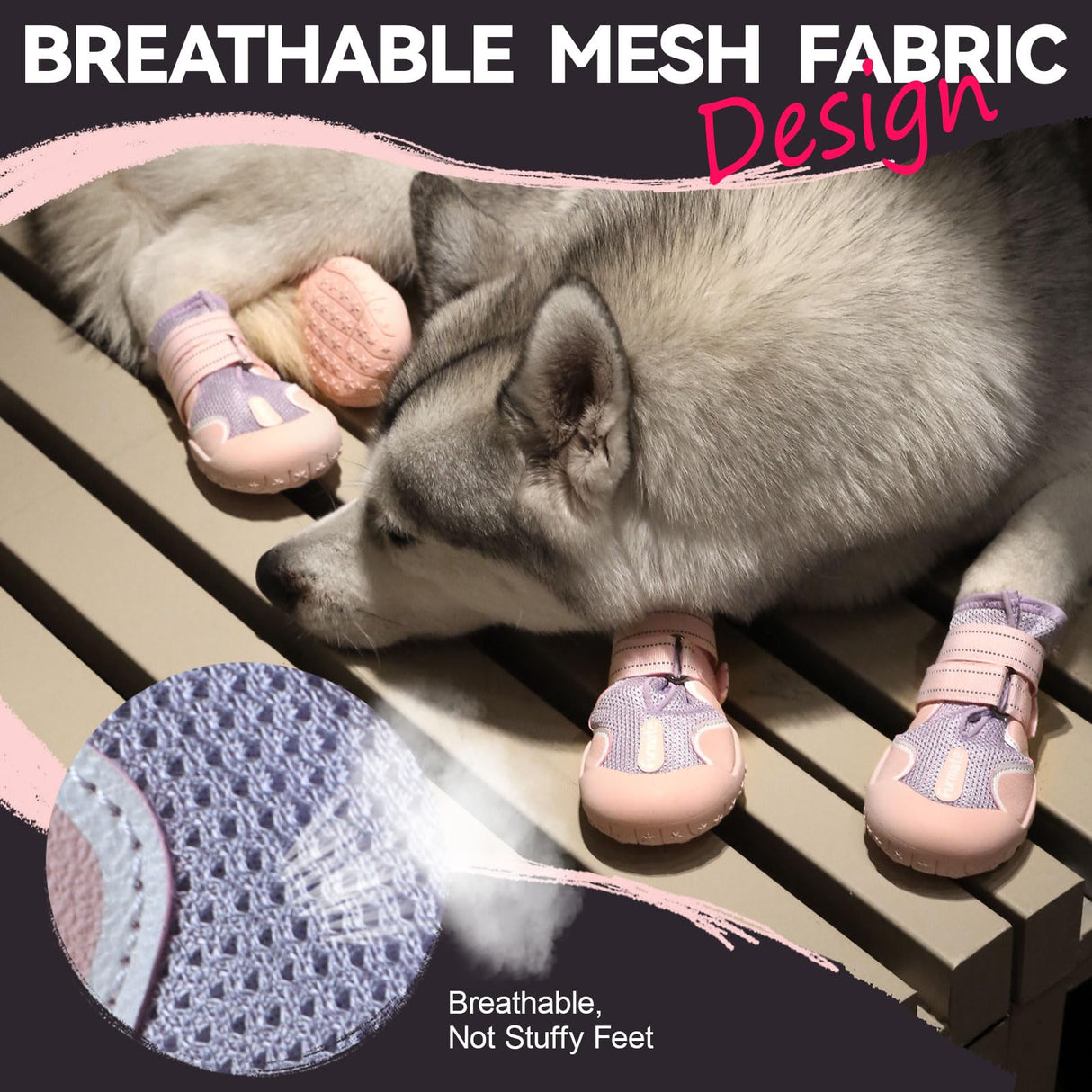 Furmate Dog Shoes for Large Small Medium Dogs, Breathable Mesh Dog Boots & Paw Protectors for Summer Hot Pavement Winter Snow, Waterproof Anti-Slip Dog Booties for Hiking Hardwood Floors(Pink-Purple2)