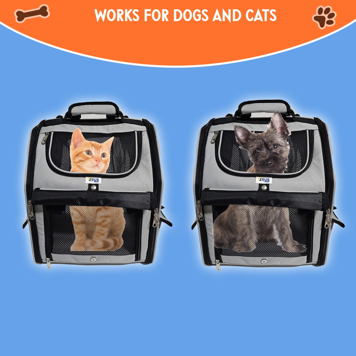 Zeus Urban Expandable Pet Backpack Carrier – Dog & Cat, Bonus 2 Collapsible Pet Bowls, Travel Bag with 4-Way Entry, Mesh Windows, Storage Pockets, Secure Zippers, Washable Cushion