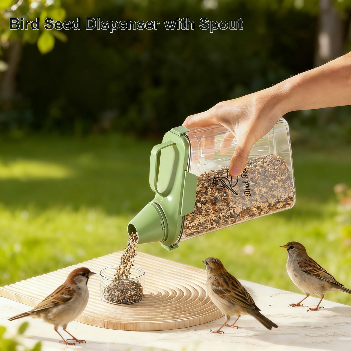 Brabtod Bird Seed Storage Container Portable-3 Qt/2.8 L Clear Pet Food Container-with Measuring Cup/Lid,Airtight Wild Bird Seed Dispenser for Storing Sunflower Seed|Squirrel proof|BPA Free-Green