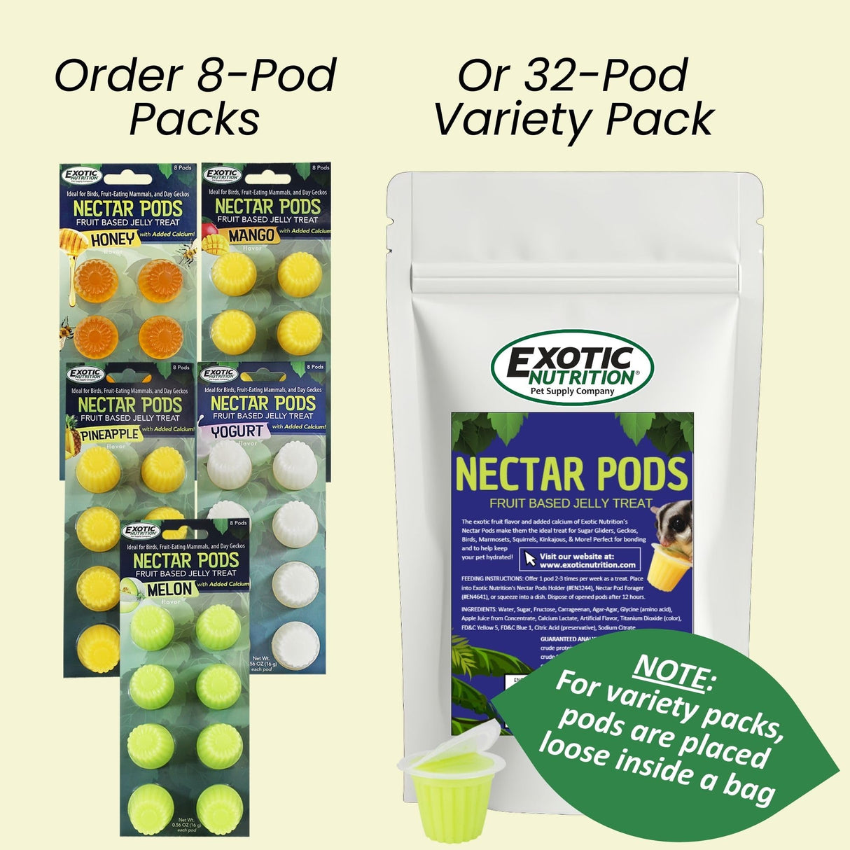 Nectar Pods (Variety 4 Pack) - Calcium-Fortified Jelly Fruit Treat - Sugar Gliders, Marmosets, Squirrels, Parrots, Cockatiels, Parakeets, Birds, Hamsters, Day Geckos, Kinkajous & Other Small Pets
