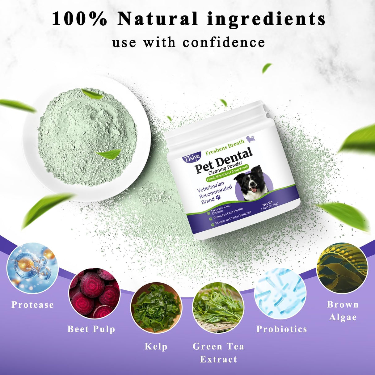 TTsiya Dog Teeth Cleaning Powder, Pet Dental Powder -Dental Care, Dogs Breath Freshener with Probiotics for Tartar & Reduces Plaque & Bad Breath Teeth Cleaning for Small, Medium, Large Dogs 100g