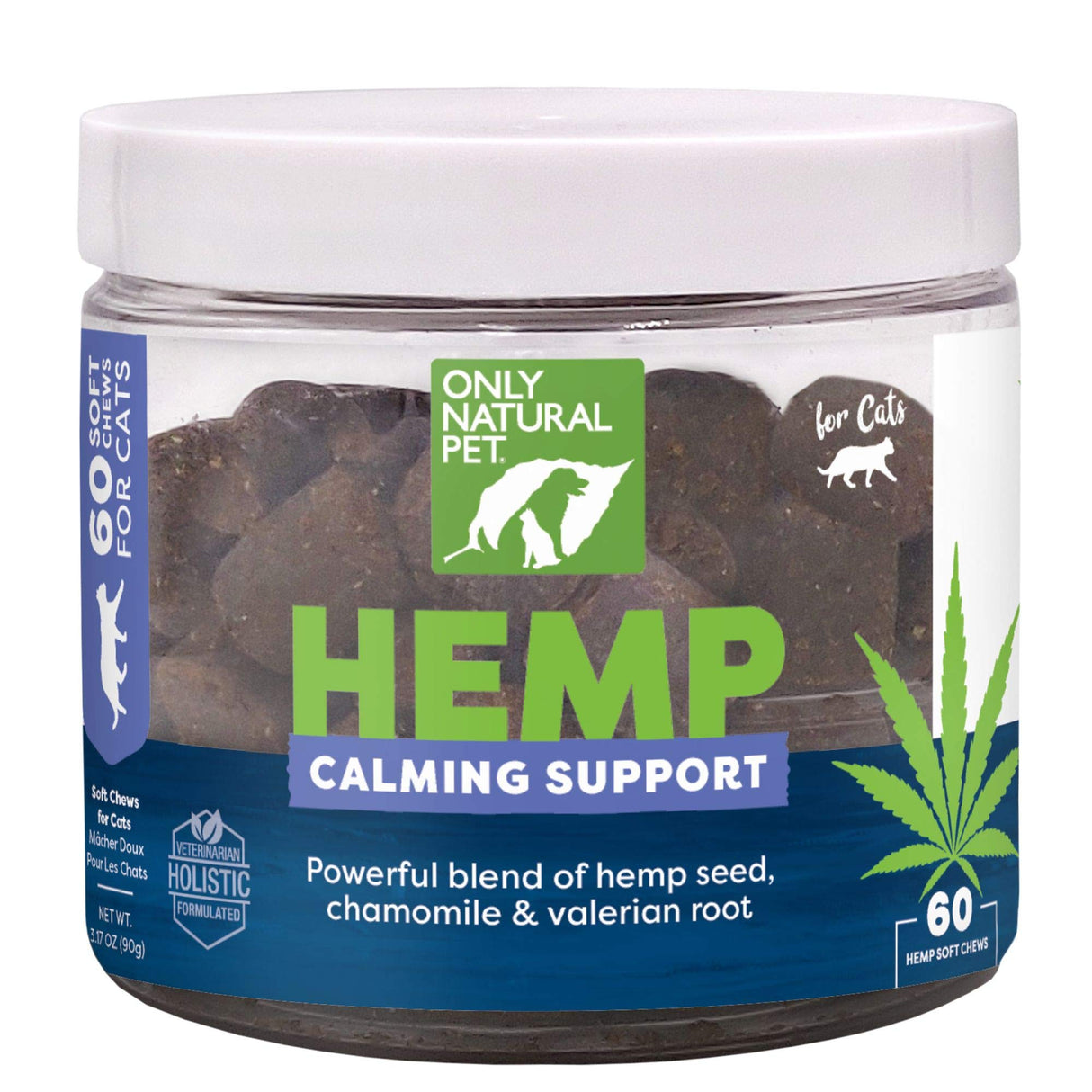 Only Natural Pet Calming Hemp Soft Chews - Relaxation Composure Sedative Tranquilizer Treats for Cat Stress Reduction w/Soothing Botanicals Supports Sleep Aid Quiet Travel Chill Vet Visit - 60 Count