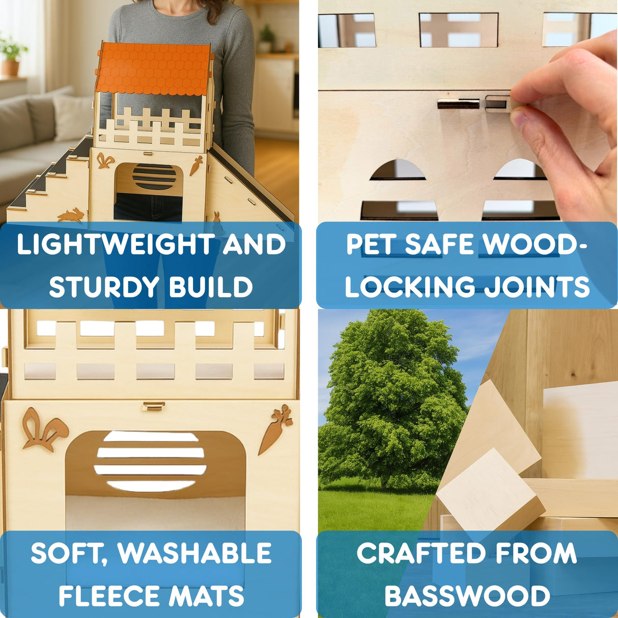 OtterPets Extra Large Bunny Hideout, Cozy Rabbit Castle with Fleece Mats, Wooden Rabbit Hideout, Bunny House Indoor Indoor, Chinchilla, Guinea Pig House (Pet Safe Wood Joints)
