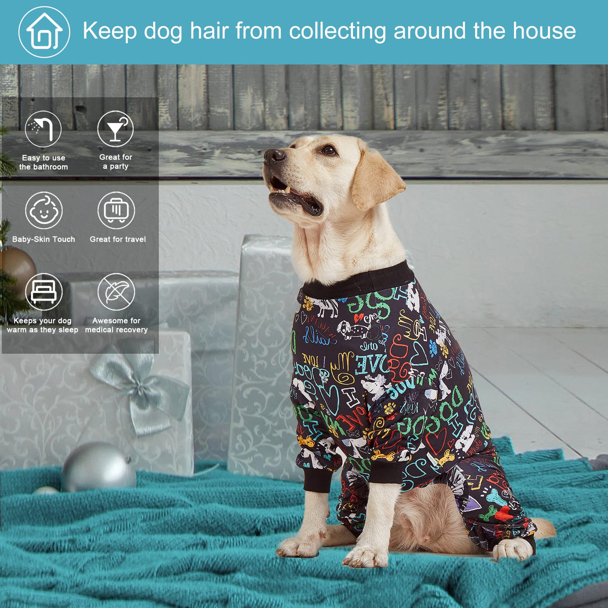 LovinPet Large Dog Pajamas, Wound Care/Post Surgery Shirt, UV Protection, Love My Dog Text on Black Print, UV Protection, Pet Anxiety Relief, Large Dog Onesies, Pet PJ's /3XL