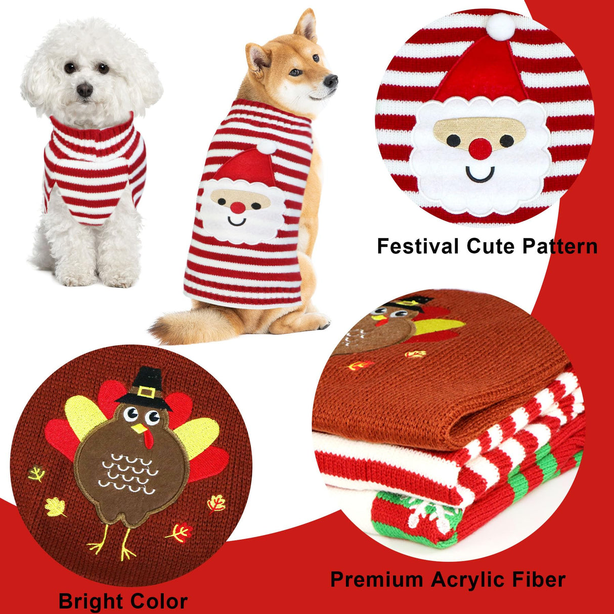 3 Pack Dog Thanksgiving Christmas Sweater, GOYOSWA Dog Thanksgiving Christmas Outfit Holiday Turkey Santa Snowman Knitted Holiday Sweaters for Small Medium Large Dogs Pets (Medium)
