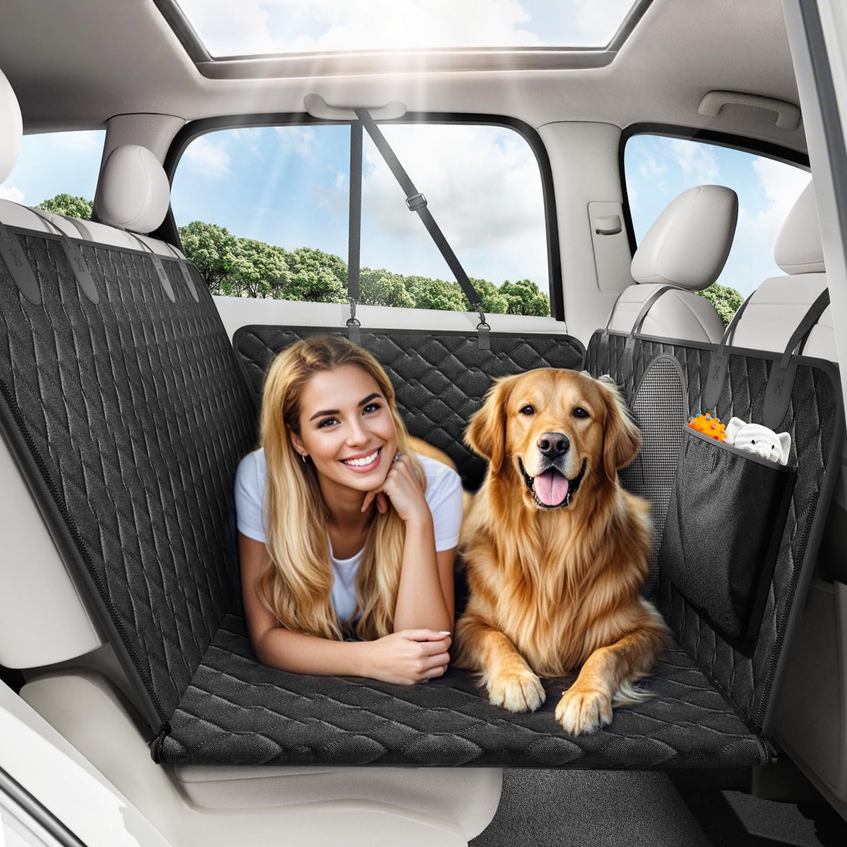 Tivray Back Seat Extender for Dogs, Dog Car Seat Cover for Back Seat Hard Bottom - Holds 330lbs Waterproof Cover for Dogs with Mesh Window & Pocket, Dog Hammock for Car, Small Truck, Black + Black