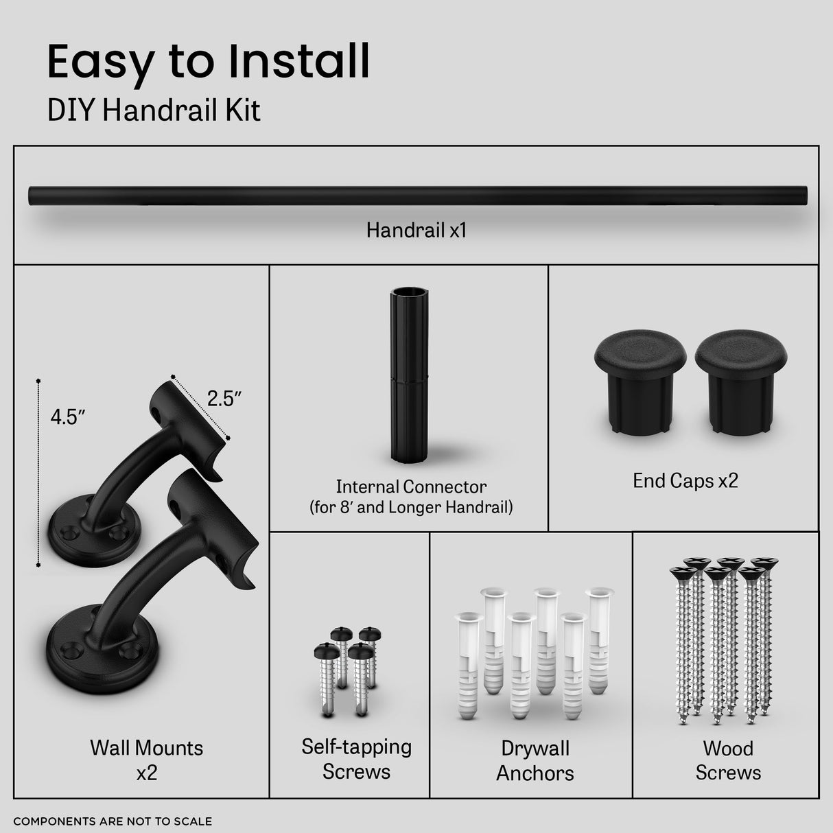 Meranti Aluminum Handrail for Indoor or Outdoor Steps and Stairs – Hand Rails for Elderly – DIY Complete Stair Railing Kit (8' Length, Black)