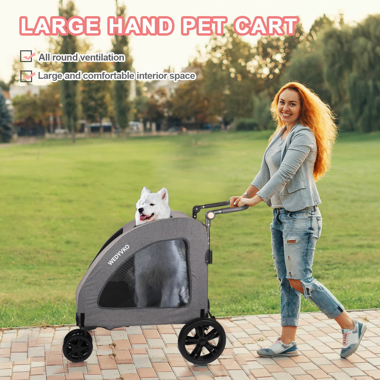 Dog Stroller for Extra Large Dogs, 4 Wheels Dog Cat Stroller, Foldable Pet Bike Trailer, Folding Carrier with Adjustable Handle, Sunroof, Rear Brake, Security Leash (Dark Grey)