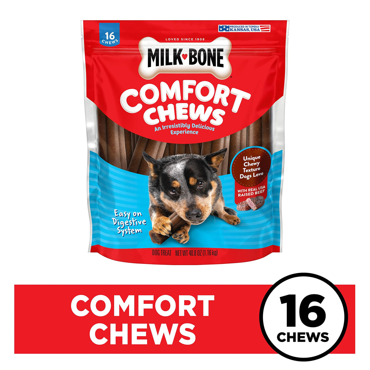 Milk-Bone Comfort Chews, Rawhide Free Dog Treats with Unique Chewy Texture and Real Beef, 16 Chews, Easy on Digestive System