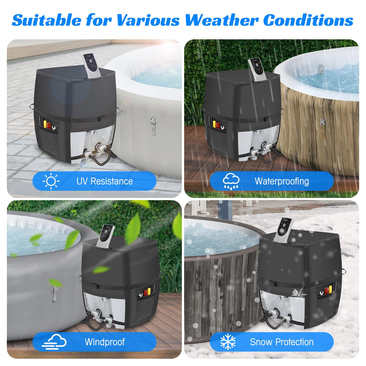Hot Tub Spa Heater Pump Cover,Waterproof 600D Oxford Fabric Aluminum Film Insulated Cover,Inflatable Hot Tub Spa Heater Pump,Easy Installation with Zipper and Adhesive Straps,Black,Square