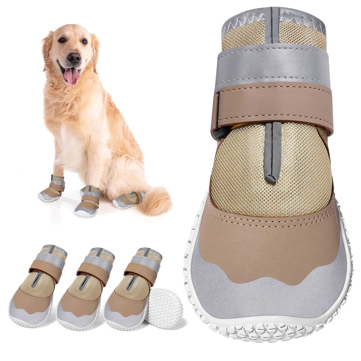 DcOaGt Dog Shoes Small Size Dogs,Mesh Breathable Dog Boots & Paw Protectors for Hot Pavement Summer Winter Snow, 360°Anti-Slip Dog Booties with Reflective Strips for Hiking/Walking,Khaki 4PCS(Size 3)