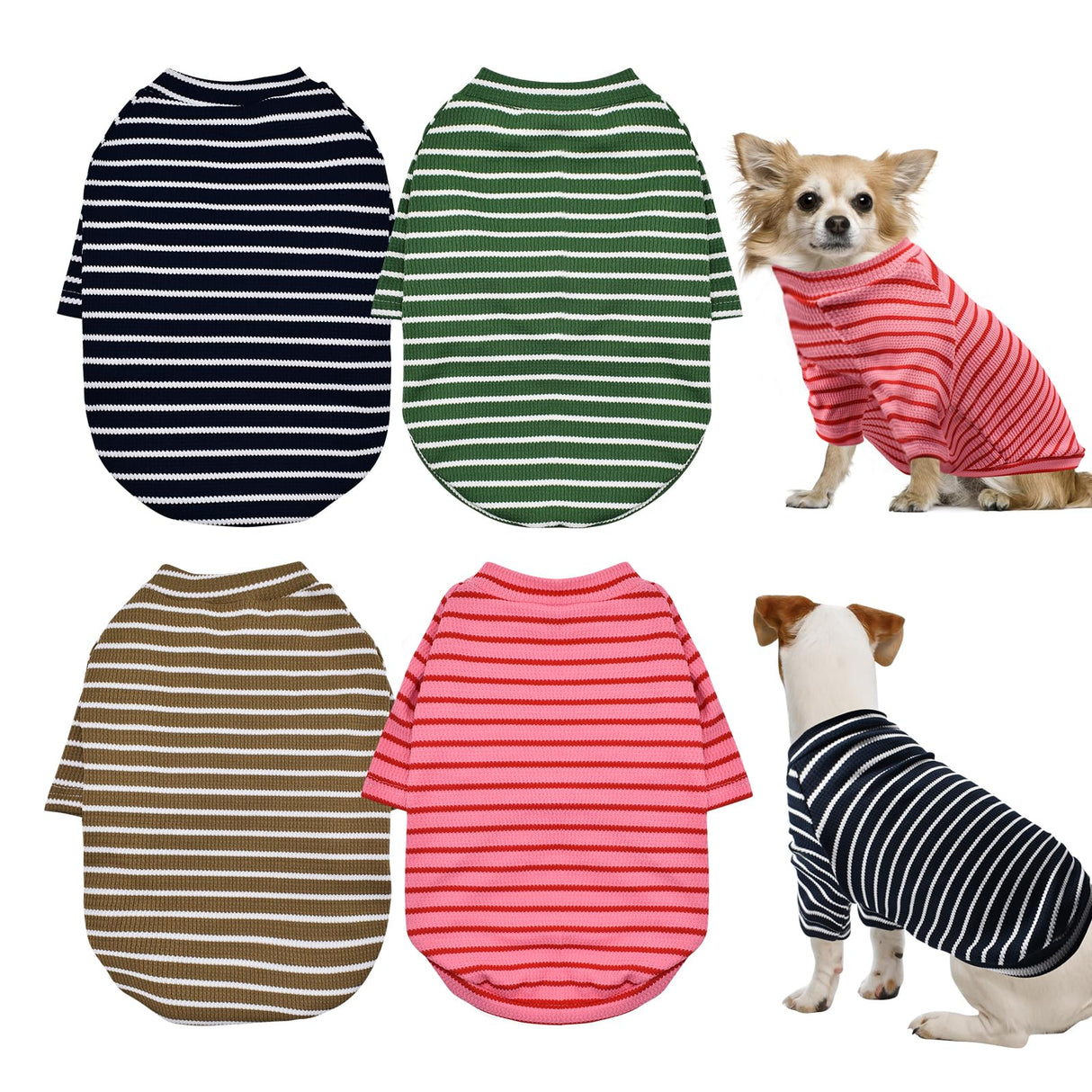KATOLK 4 Pack Striped Dog Shirts Waffle Dog Clothes for Small Medium Dogs, Stretchy Dogs Boy Girl Dog T-Shirts Lightweight, Soft and Breathable Puppy Kitten Dog Shirts for Chihuahua