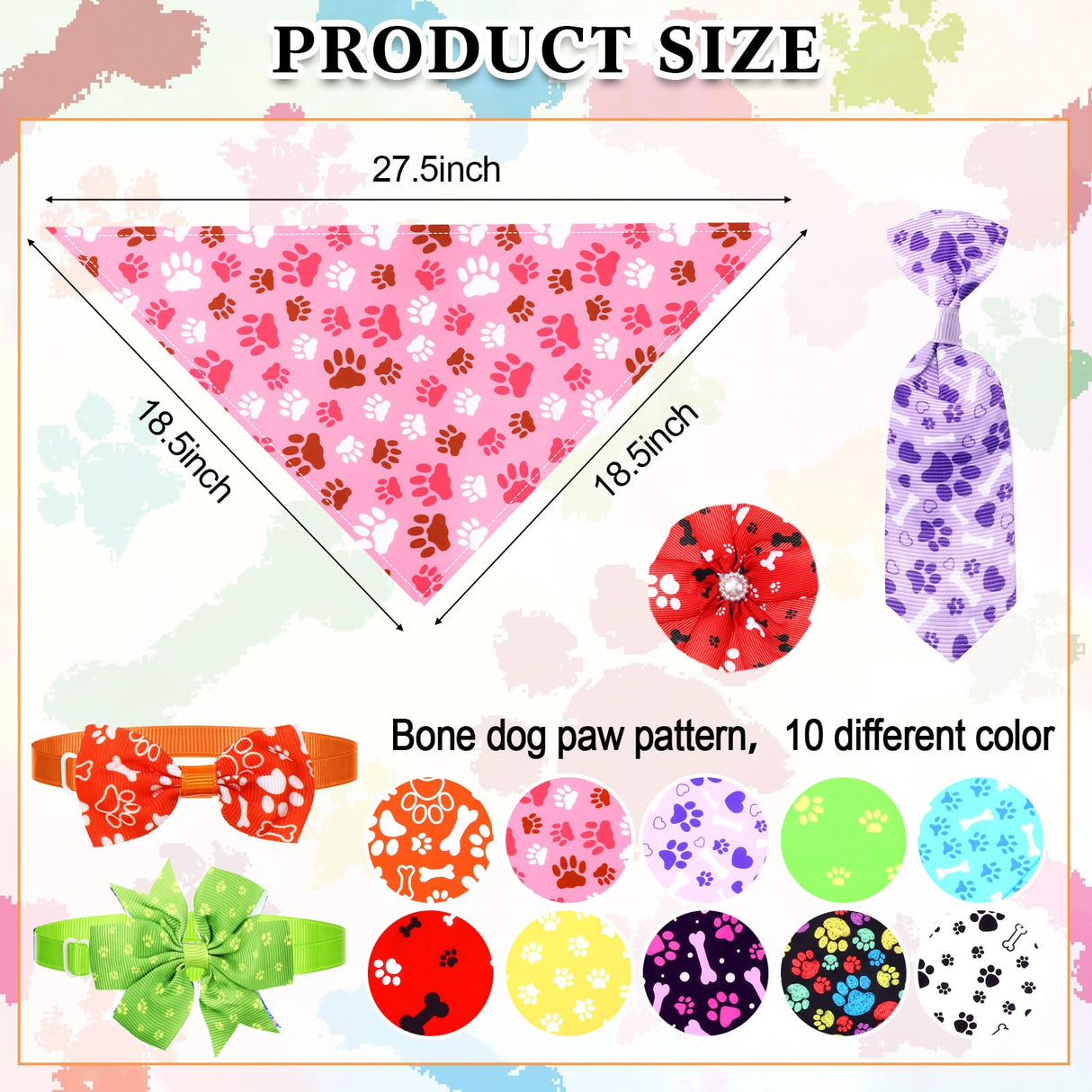 Hosuly 50 Pcs Paw Bone Print Dog Bandana Collar Set Value Package Includes Dog Bow Tie Necktie Collar Pet Scarf Bow Flowers Hexagonal Bowtie Cat Grooming Accessories for Pet Festival Photography