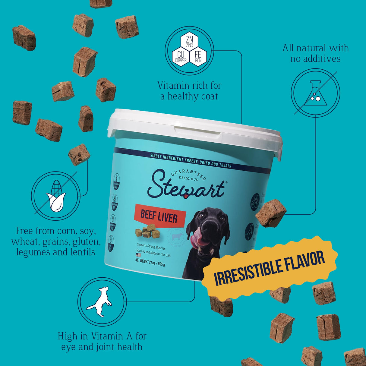 Stewart Beef Liver Dog Treats, 21 oz, ~475 Pieces, Freeze Dried Raw, Single Ingredient, 50% Protein Training Treats or Meal Topper in a Value Size Resealable Tub, Grain Free, Gluten Free
