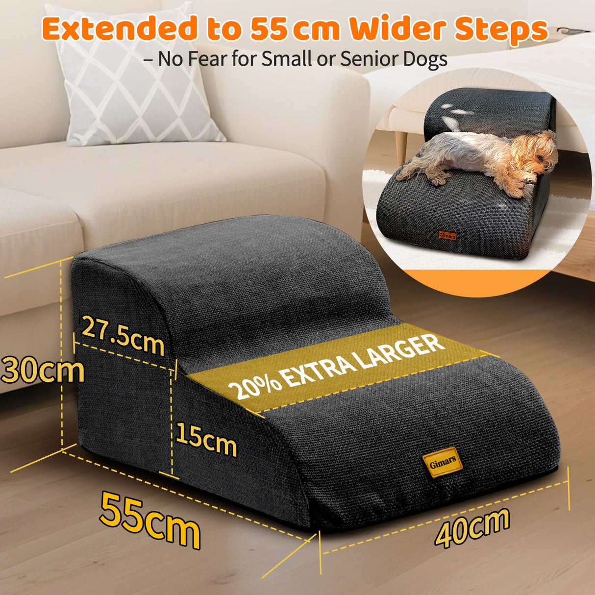 Gimars Extra Wide Sturdy 30D High Density Foam 2-Step Dog Stairs for Sofa, Pet Stair for Small Medium Dog Black