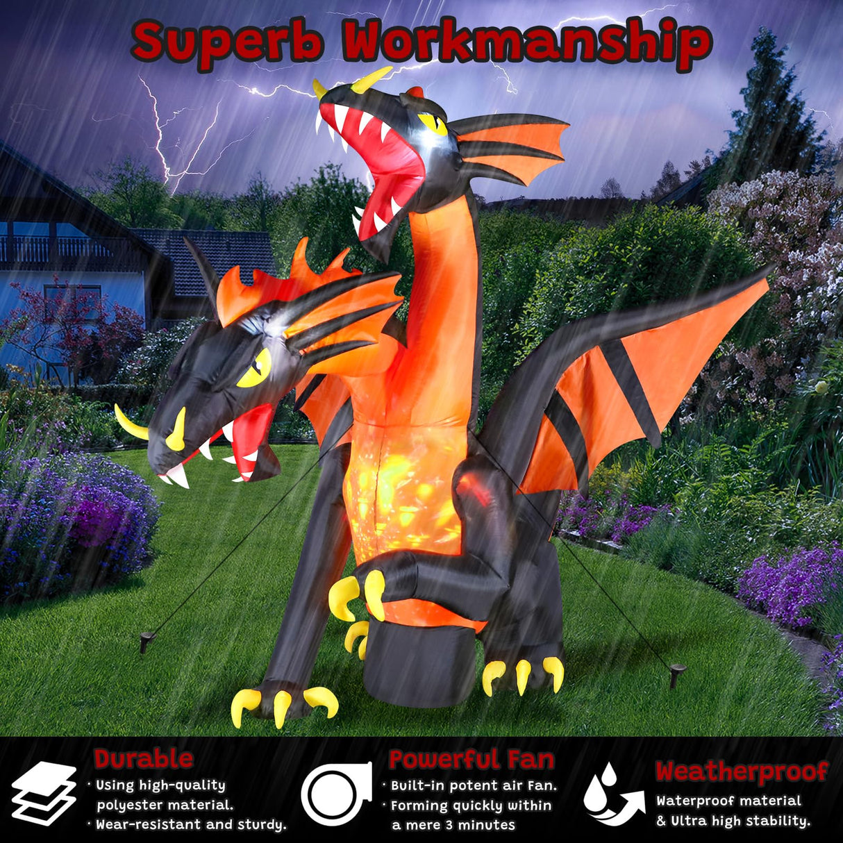 FunFanso 8FT Giant Halloween Inflatable Double Headed Dragon, Ip44 Waterproof, Blow up Festival Yard Outdoor Decorations with Built-in Bright LED Lights for Garden Lawn Garden Yard Holiday Party Decor