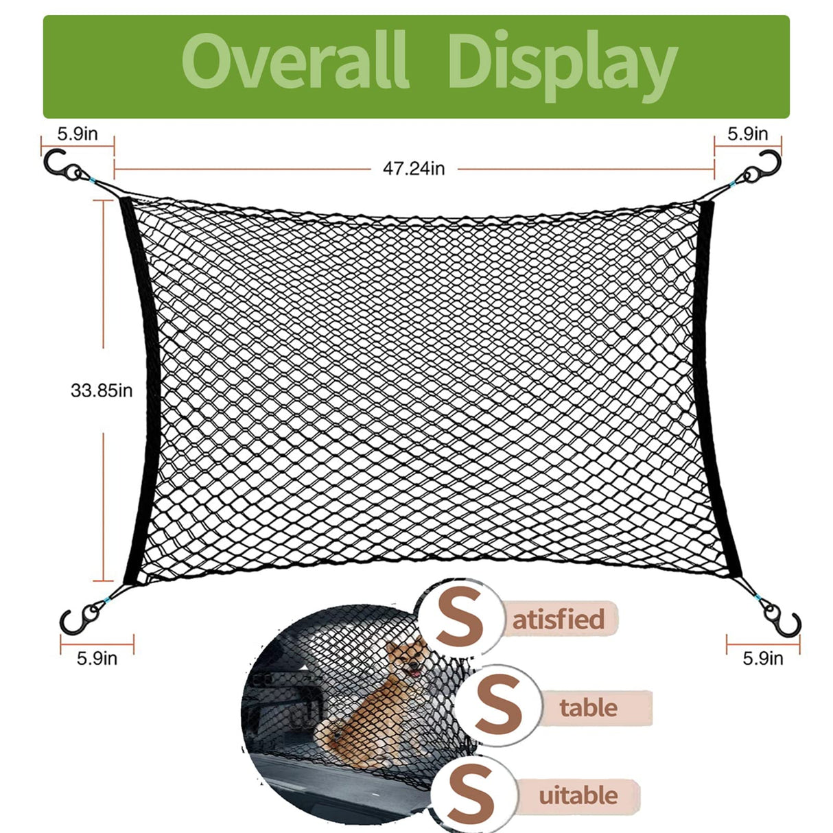 Car Dog Barrier Net, Hook Up Elastic Envelope Luggage Net (47.24" x 33.85") Dual Layer Safety Net for Pet Dog Vehicle Universal Mesh Barrier Guard Blocks Access to Car Front Seats Organiser Bag