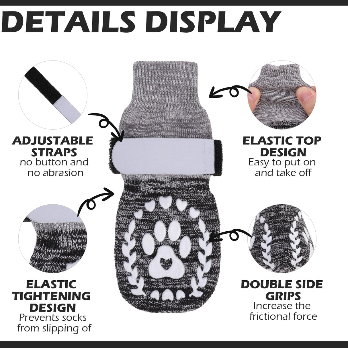 EXPAWLORER Dog Socks to prevent Licking and Slipping, Winter Dog Shoes for Cold Weather Snow, Paw Protectors for Hardwood Floors Anti-Slip, Dog Booties for Small Medium Large Senior Dogs,Black Grey XL