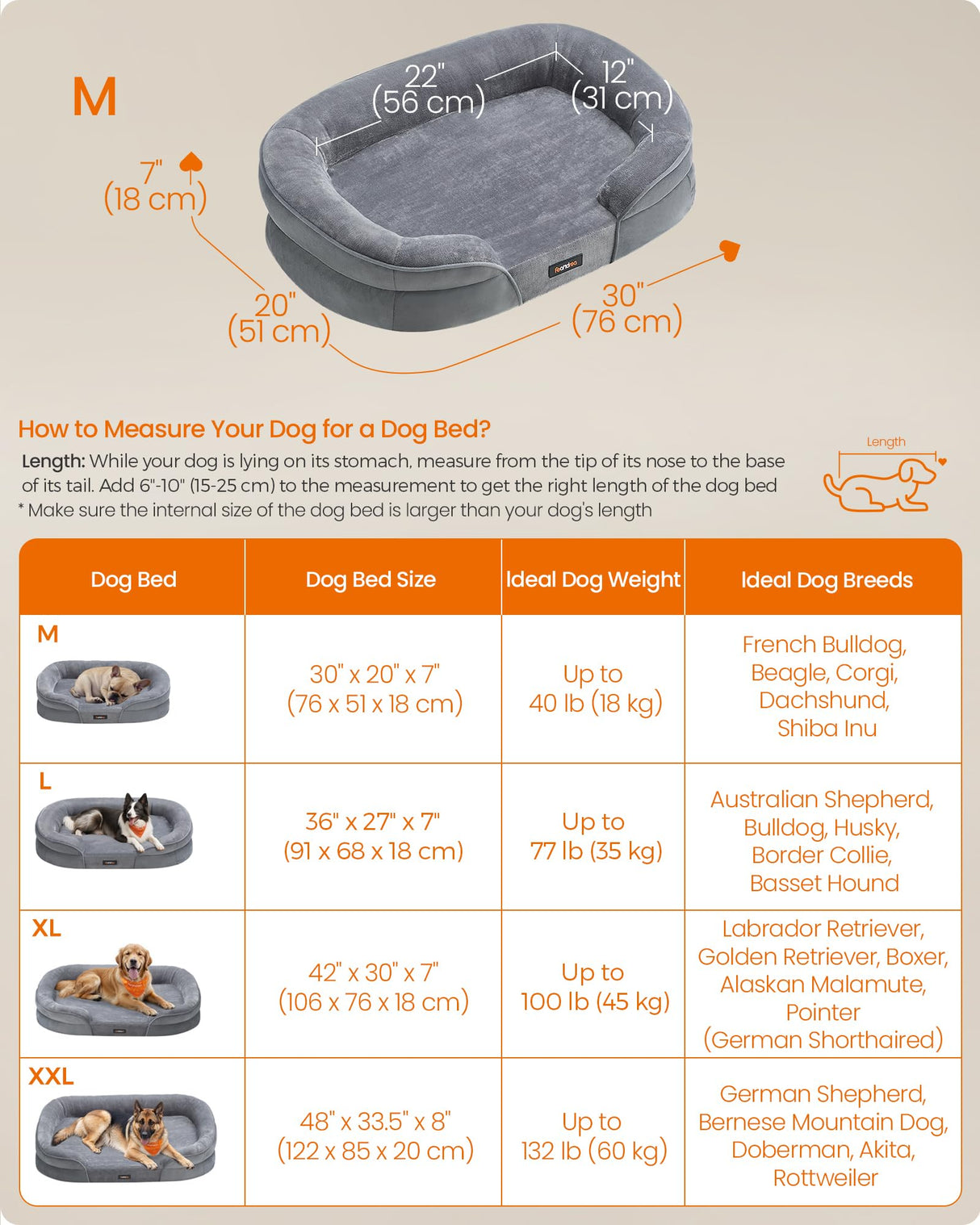 Feandrea Dog Bed, Medium Orthopaedic Dog Sofa Bed, 30 x 20 x 7 Inches, Egg Crate Foam, Waterproof Liner, Raised Edges, Removable and Machine Washable Cover, Non-Slip, Light Gray UPGW281G01