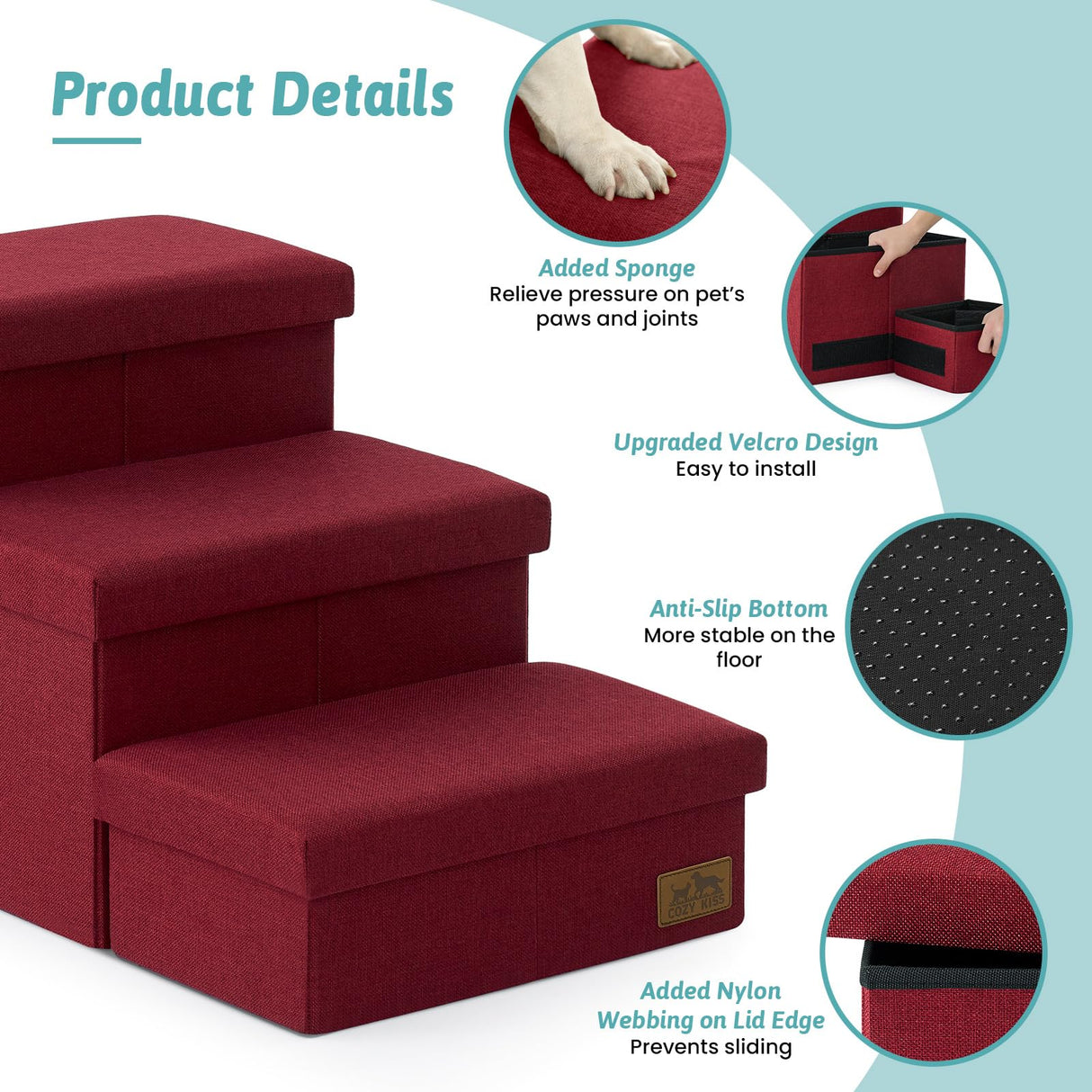Dog Stairs with Storage, 4-Step Wider Sturdy Dog Steps for Small/Medium/Large Dogs and Older Cats, Folding Doggie Ramp for Bed/Couch/Car Hold Up to 180 lbs (22" H, Burgundy)
