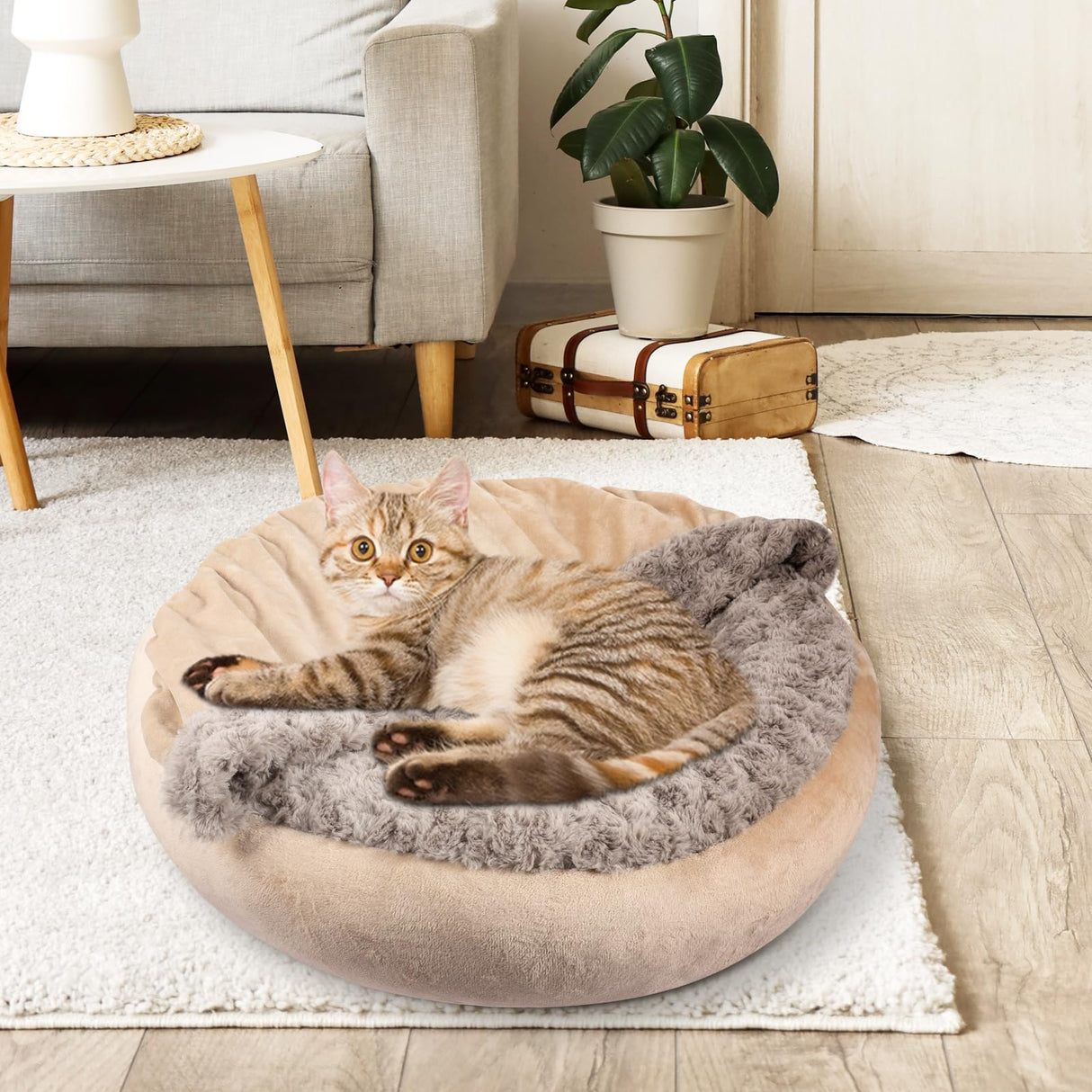 JOEJOY Small Dog Cat Bed With Hooded Blanket, Cozy Cuddler Luxury Puppy Pet Donut Round Calming Anti-Anxiety Burrow Cave - Anti-Slip Bottom, Machine Washable, 23 Inch