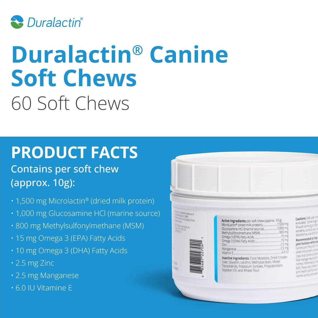 PRN Pharmacal Duralactin Canine Joint Plus - Joint Health Supplement for Dogs & Puppies to Support Healthy Cartilage Levels & Joint Function While Helping Manage Soreness - 60 Soft Chews