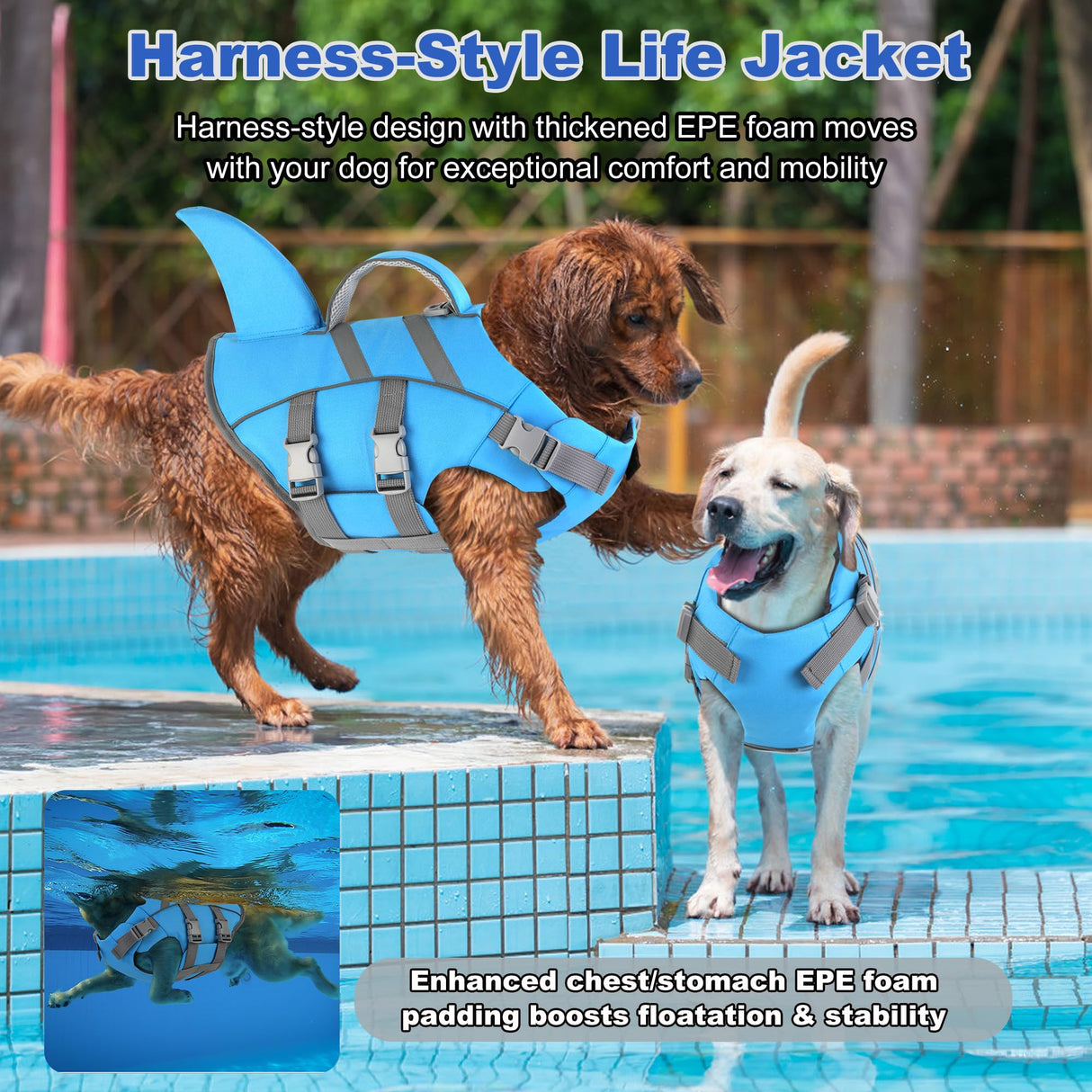 Dogcheer Dog Harness-Style Life Jacket Shark, Reflective Dog Life Vest for Swimming Boating, Adjustable Puppy Swim Vest, Pet Floating Device for Small Medium Large Dogs - Blue, L