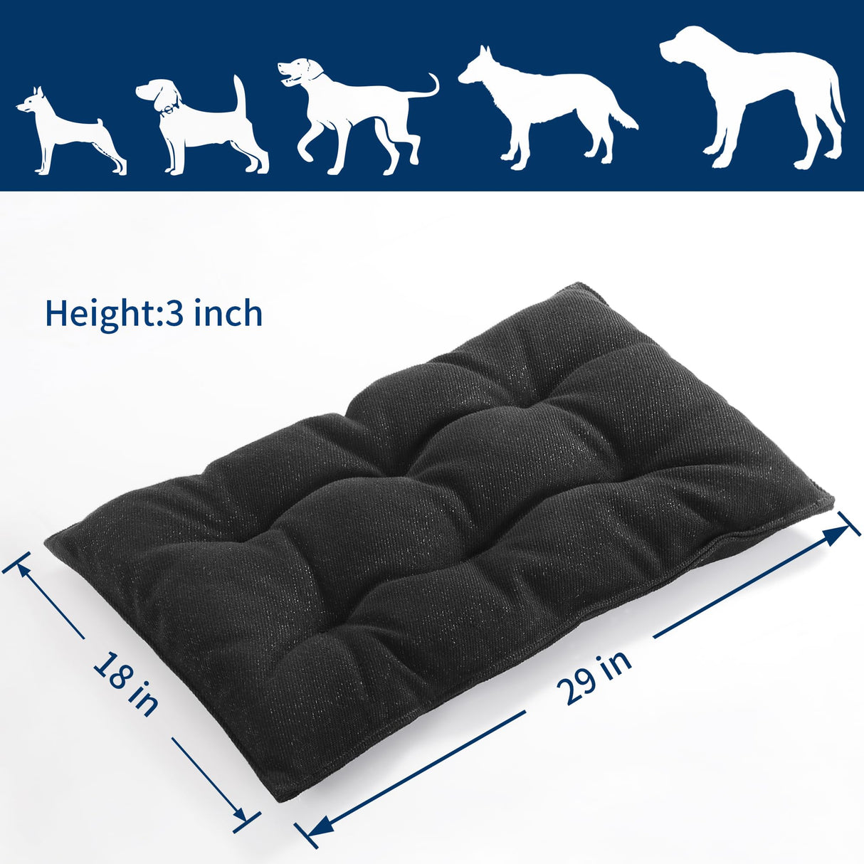 MABOZOO Chew Proof Indestructible Dog Beds for Aggressive Chewers,Durable Dog Crate Pad,Washable Tough Pet Mats for Kennel,Black,M 18x29 in