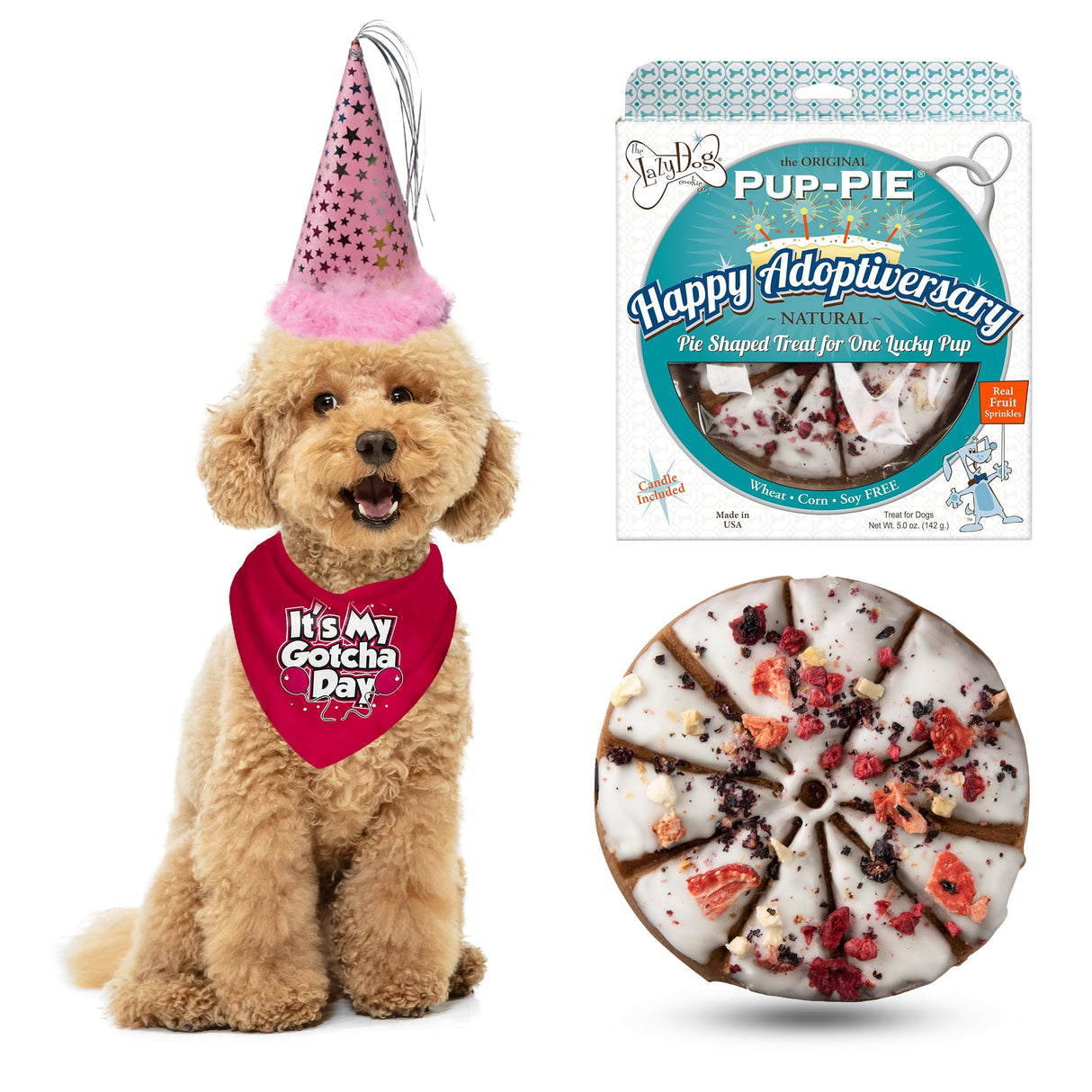 JT PET Dog Gotcha Day Party Pack with Bandana, Star Spangled Adjustable Elastic Party Hat with Tassels and Feathery Trim, Vegan Pie Included, Pink Girl, Small