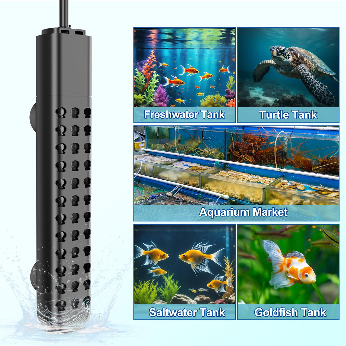 Submersible Aquarium Heater 100W/200W/300W/500W, Fish Tank Heater with high-Temperature Protection and Turtle Tank Heater with Automatic Power-Off When Leaving seawater or Freshwater