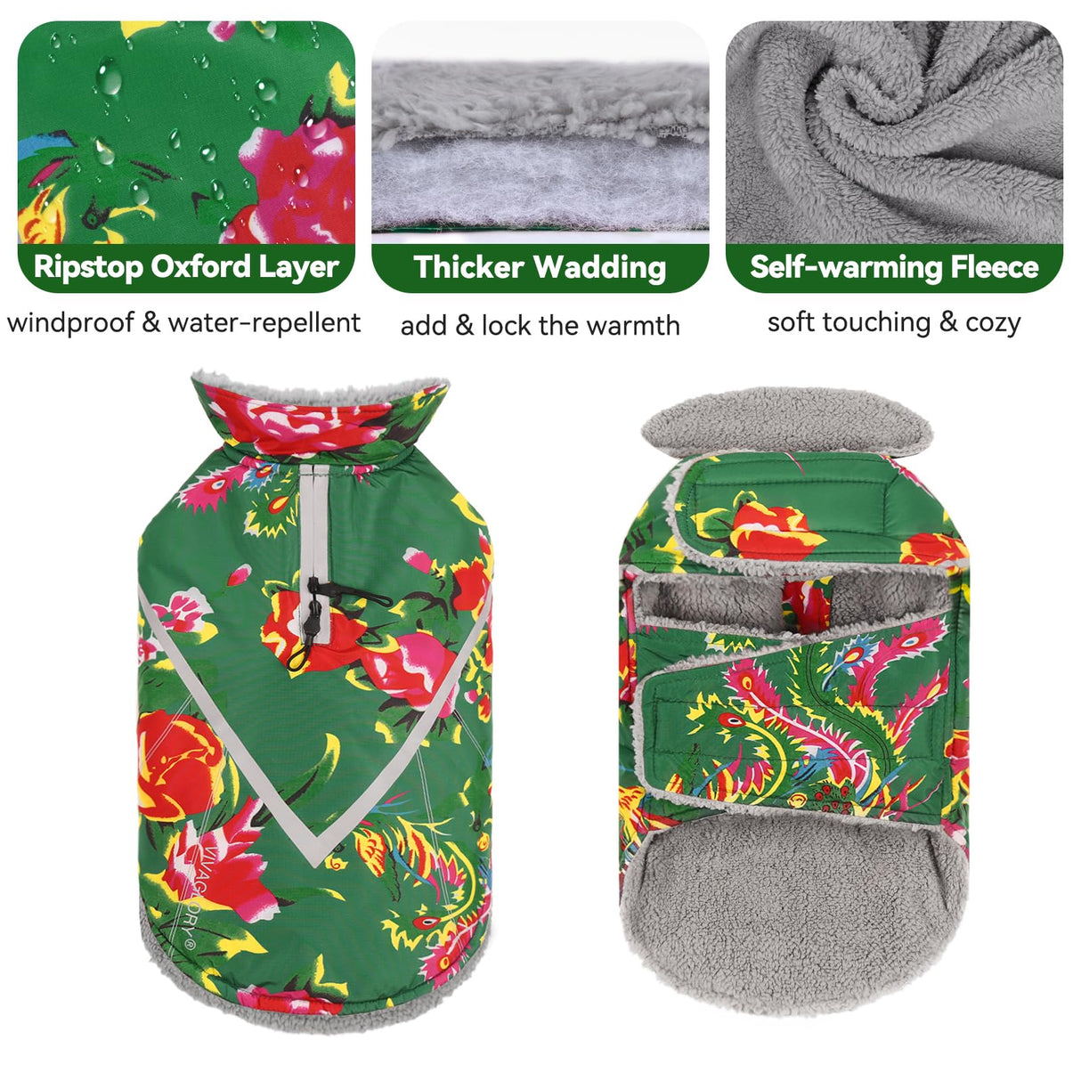 VIVAGLORY Snowrap Dog Coat, Jacket with Harness Hole, Dog Coat for Winter & Cold Weather, Fluffy Warm Fleece Lined Reflective Water Resistant for Puppy, M, Northeast Florals-Green