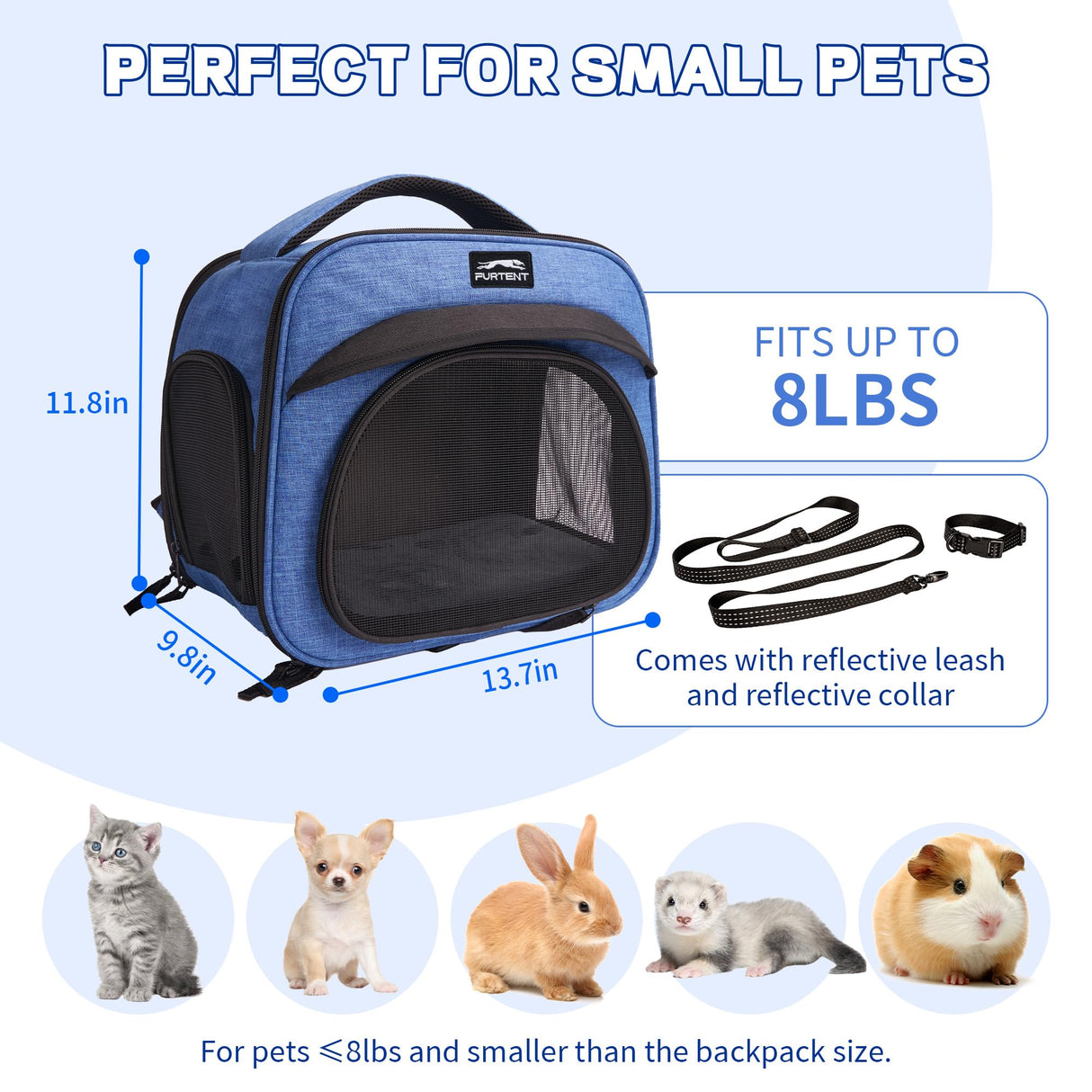 Small Pet Carrier, Breathable Collapsible Pet Bag with Safety Leash for Small Puppy, Kitten, Guinea Pig Weighing up to 8 Pounds Designed for Travel, Hiking, Walking and Outdoor Use, Blue
