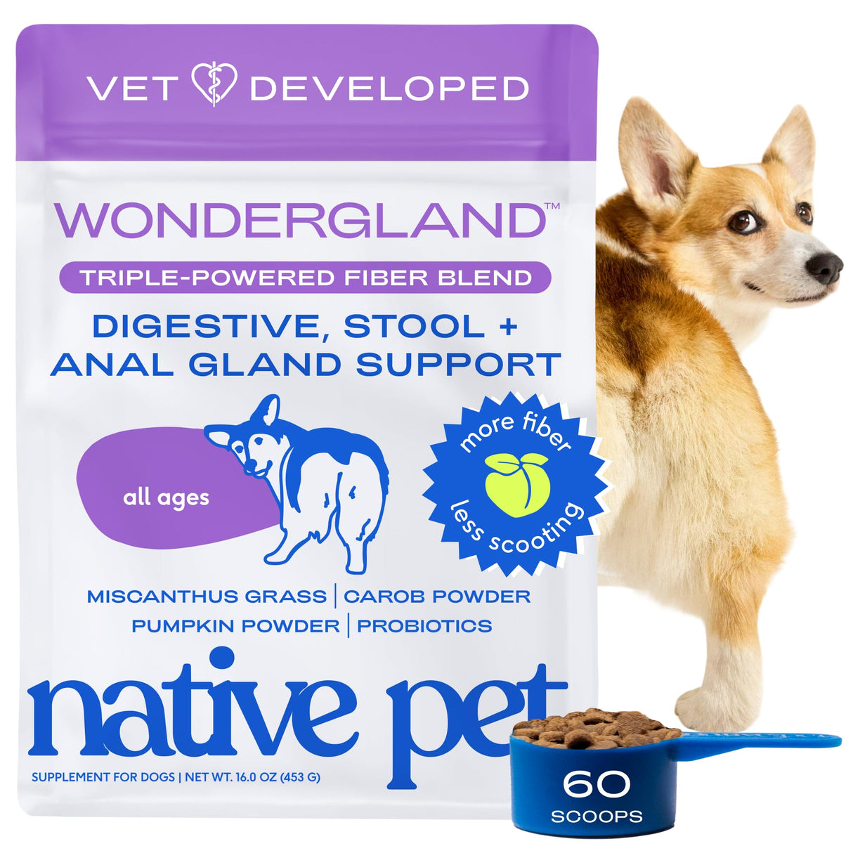 Native Pet WonderGland - Dog Anal Gland Treatment Using Fiber for Dogs - Prevents Scooting for Dogs Anal Gland Supplement Including Dog Gut Health Probiotics for Anal Gland Support - 60 Scoops