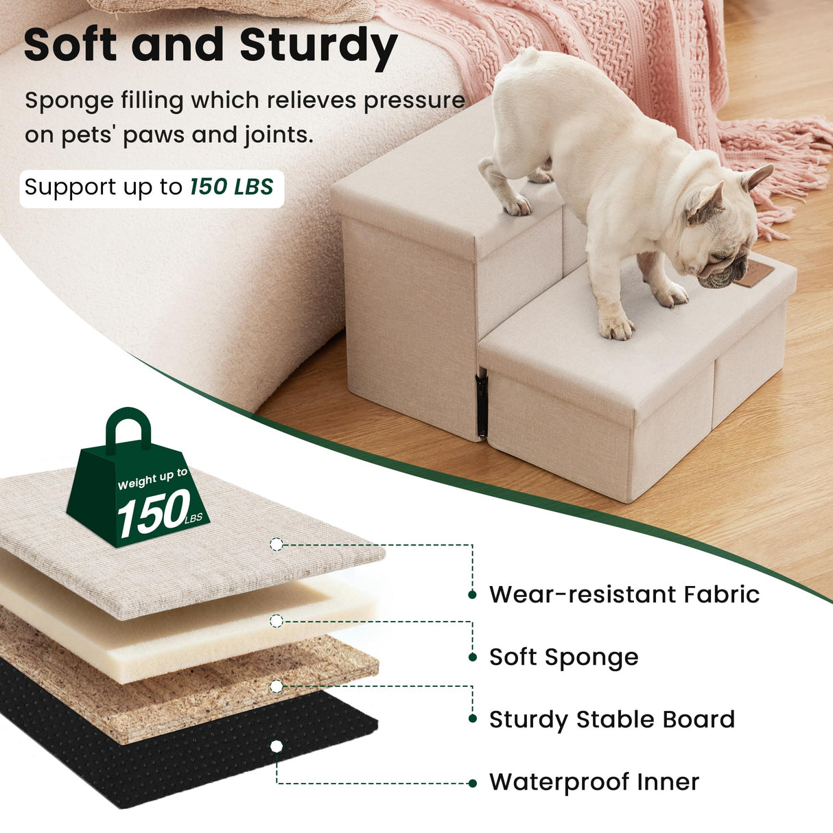 Love's cabin Dog Stairs with Storage 13" H, Foldable Pet Stairs for Small Medium or Large Dogs, Cat Puppy Steps Ramp with Zip up to 150 lbs, Beige, 2 Steps