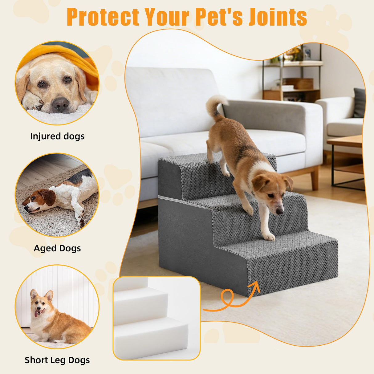NEWBULIG 3-Step Dog Stairs, 13.5" H Dog Steps for Sofa and Chair, Non-Slip Sturdy Pet Steps for Small Dogs and Cats, Pet Ramp for High Bed Indoor