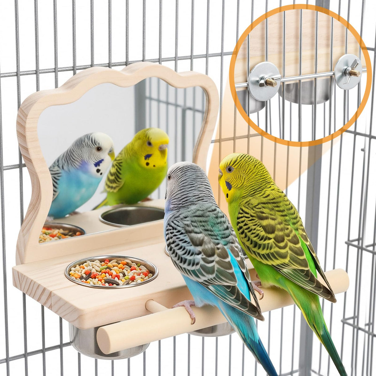 SMICEM Bird Perch Platform Toy with Mirror, Standing Rack & Stainless Steel Bowl - Wooden Play & Exercise Gym Stand, Cage Accessory for Cockatoos, Lovebirds, Budgies, Pacific Parrotlets & Canaries