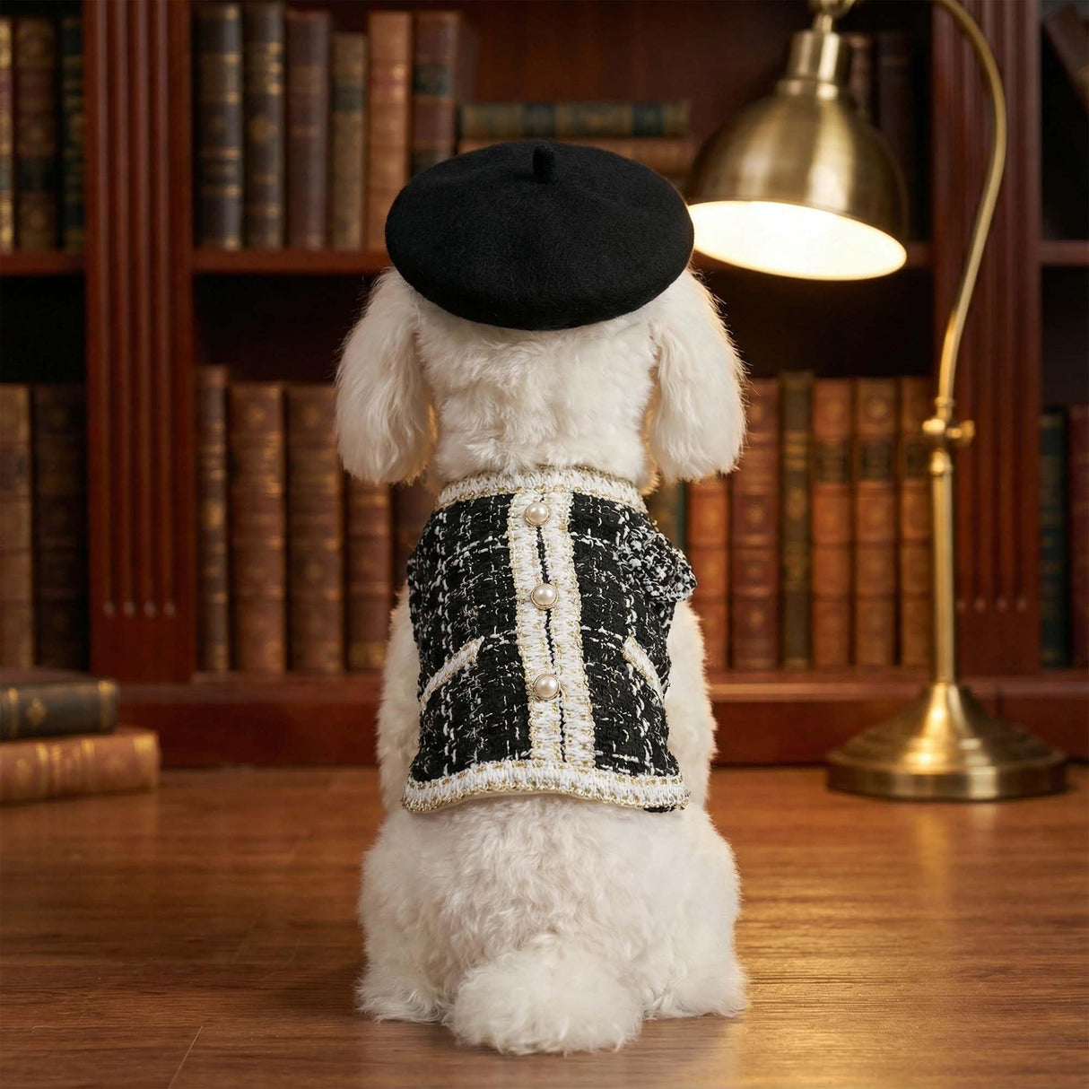 Luxury Dog Clothes Tweed Suits and Beret Hat,Black Winter Warm Pet Coat Vintage Jacket Vest,Cat Artist Costume Cosplay Party Outfits for Small Medium Dogs,XS