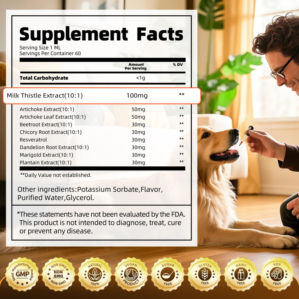 POPPAW Milk Thistle for Dogs – 9-in-1 Liver and Kidney Support Drops with Artichoke, Resveratrol, Marigold Extract, 100% Natural Detox Supplement for Liver Function, Split Dropper, Bacon Flavor, 2Oz