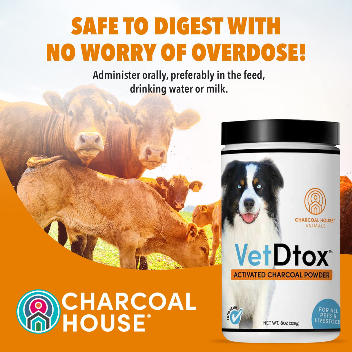 VetDtox 1qt Activated Charcoal Powder for All Kinds of Pets & Livestock, Dog, Cat, Chicken, Horses and More - for Diarrhea, Gas Relief, Liver Support