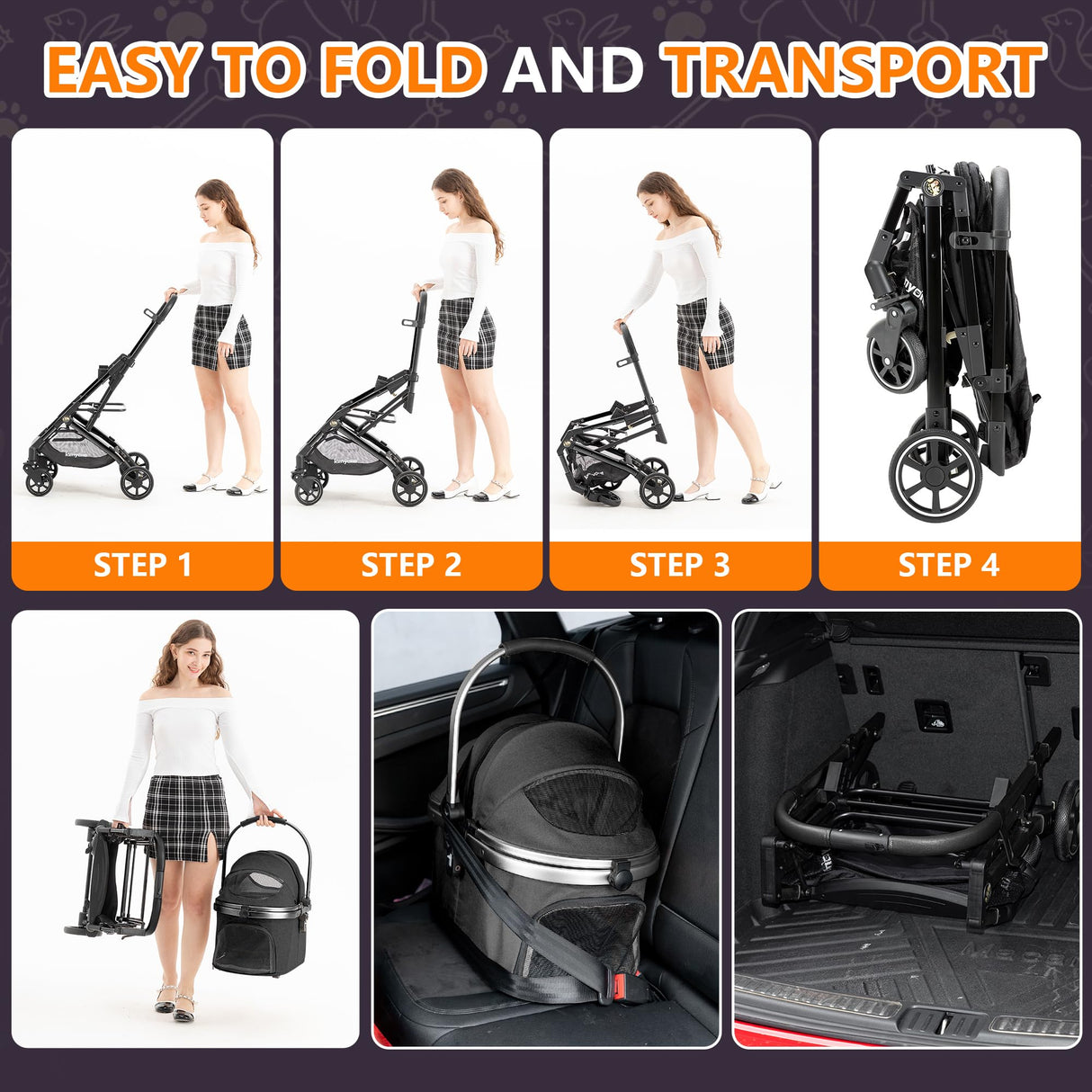 Kenyone 3-in-1 Pet Stroller for Small Medium Dogs Puppy Cat Stroller with Detachable Carrier & Pad Lightweight Foldable Aluminum Alloy Frame Dual No-Zip Entry(Black)