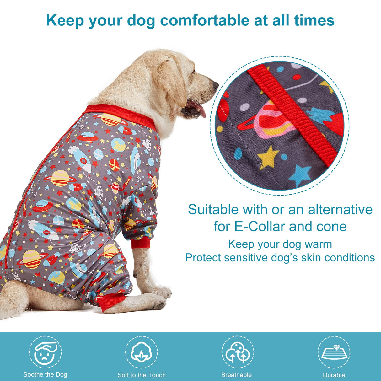 LovinPet Large Dog Pajamas: Large Breed Pitbull/Boxer/Labrador/Doberman, Lightweight Onesie, Space-Travel Grey Print,Post Surgery Shirt,UV Protection, Pet Anxiety Relief, Wound Care for Big Dog /2XL
