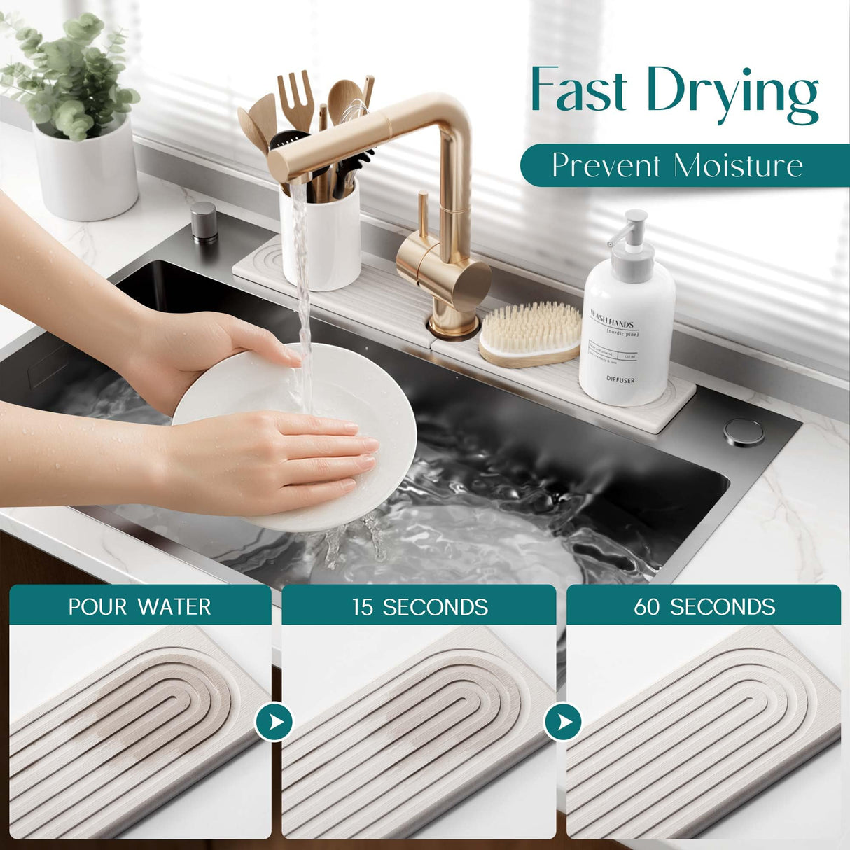 Faucet Mat for Kitchen Sink โ Diatomite Stone Drying Mat & Sink Protectors, Prevent Moisture โ Sink Splash Guard Water-Absorbing Stone Tray for Bathroom Counter (Light Grey, 23.6" x 3.9")