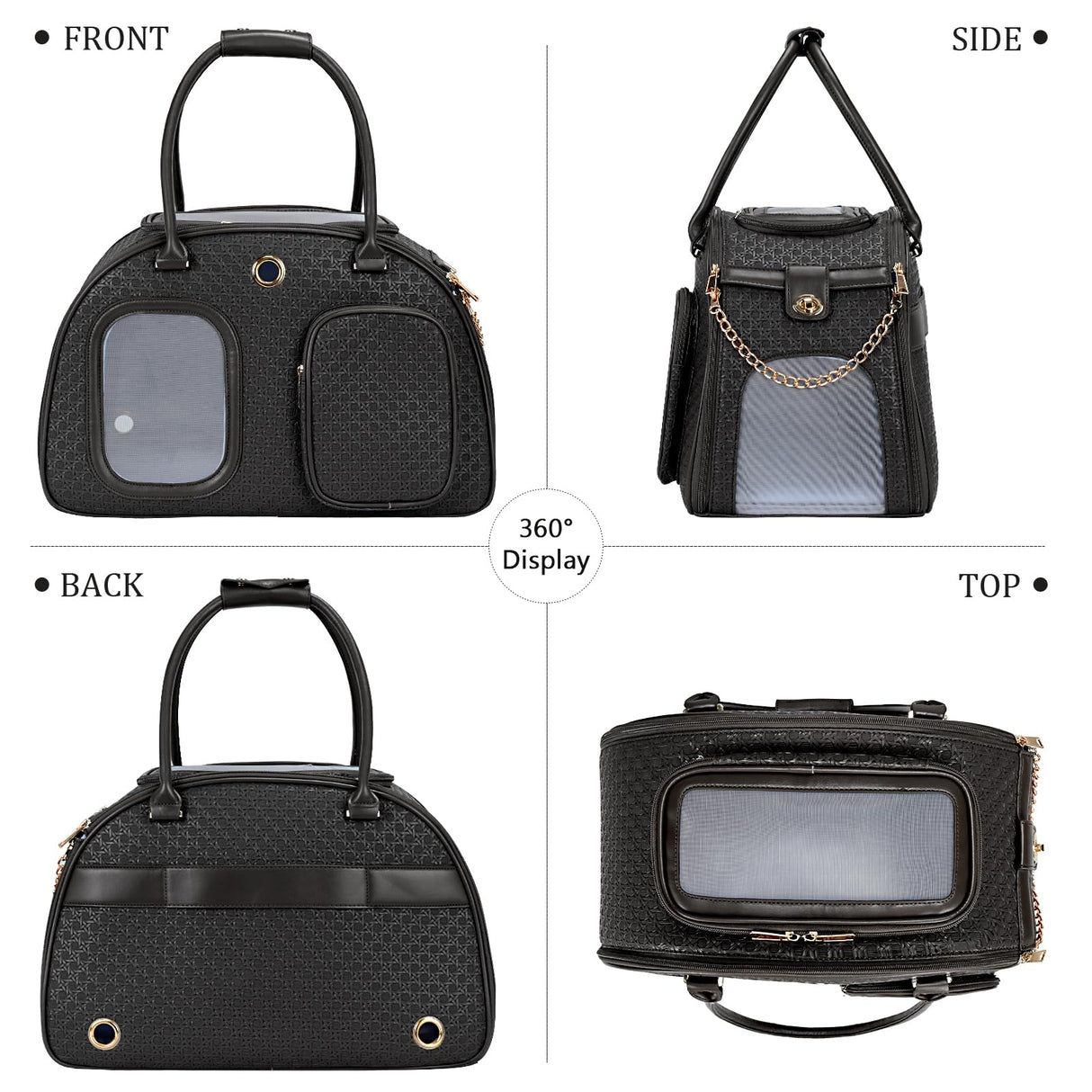 Stylish Luxury Dog Carrier Purse for Small Dogs, Ventilated Pet Soft-Sided Dog Cat Carrier Travel Tote Bag for Puppies Small Animals with Pockets (Black, 16.9inch x 9inch x 11.8inch(LxWxH))