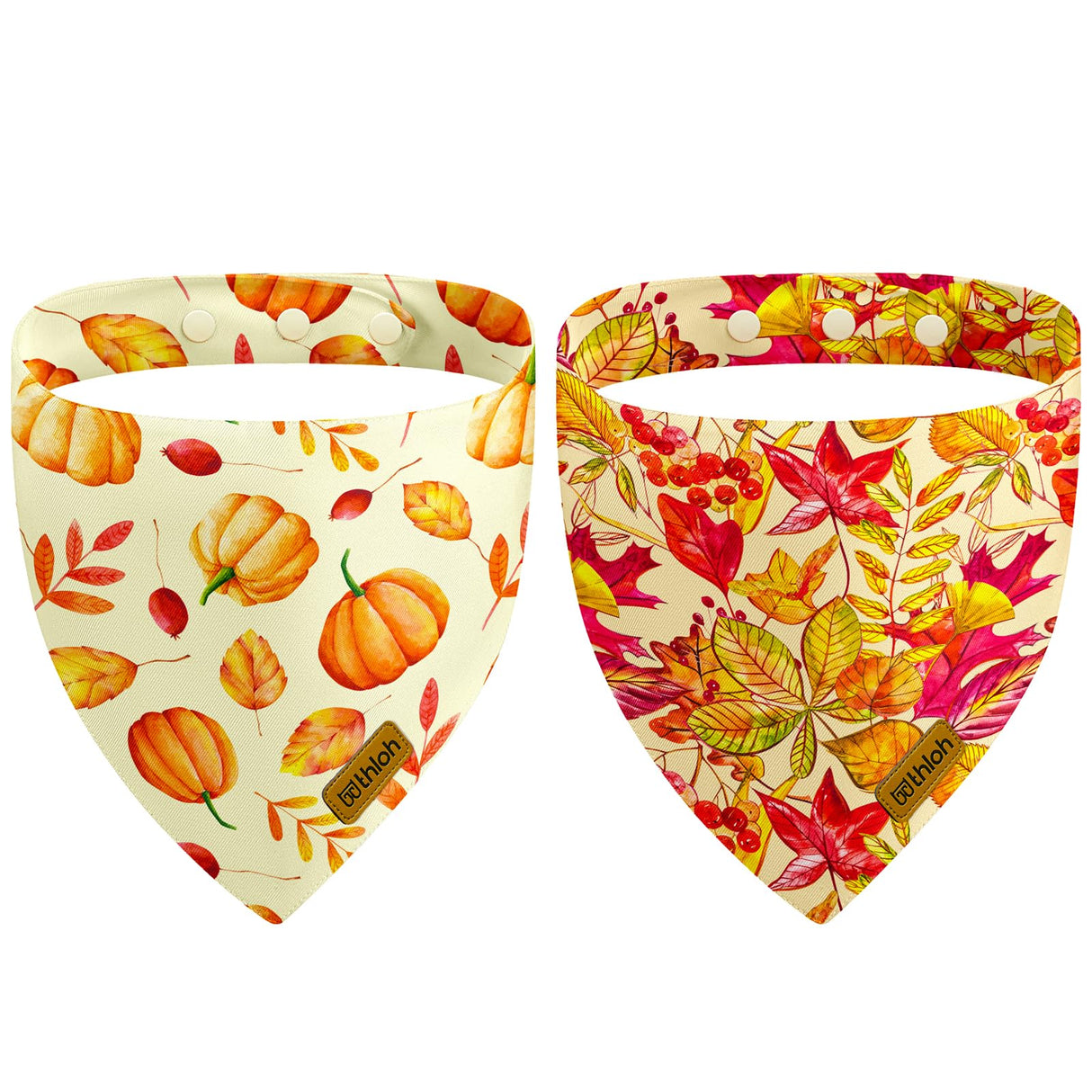 THLOH Fall Dog Bandanas with Snap Button, 2 Pack Pumpkin & Leaf Pet Scarf for Boy & Girl, Premium Durable Fabric, Adjustable Fit, Autumn Thanksgiving Bandana for Large and Extra Large Dogs (X-Large)